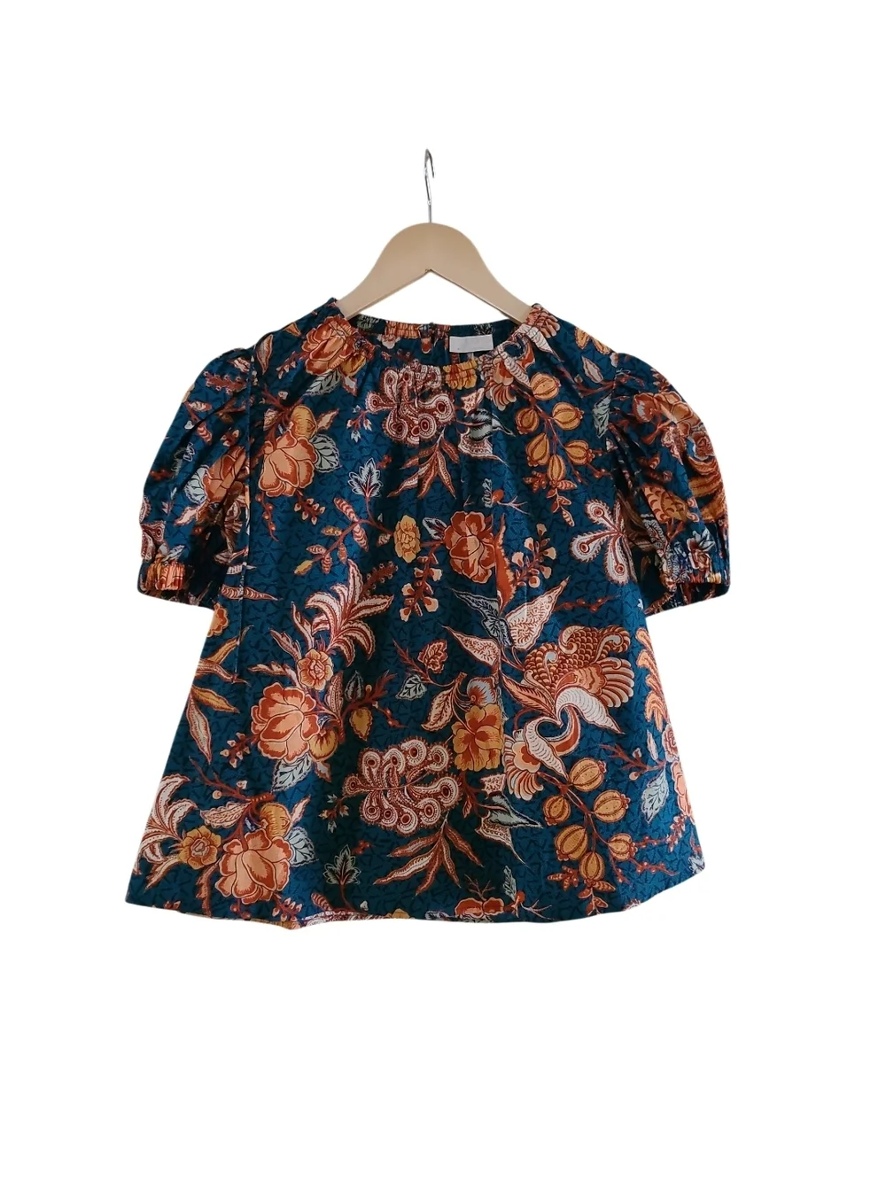 Ulla Johnson Frances Top Floral Puff-Sleeve 100% Cotton Blouse Deep Teal Orange